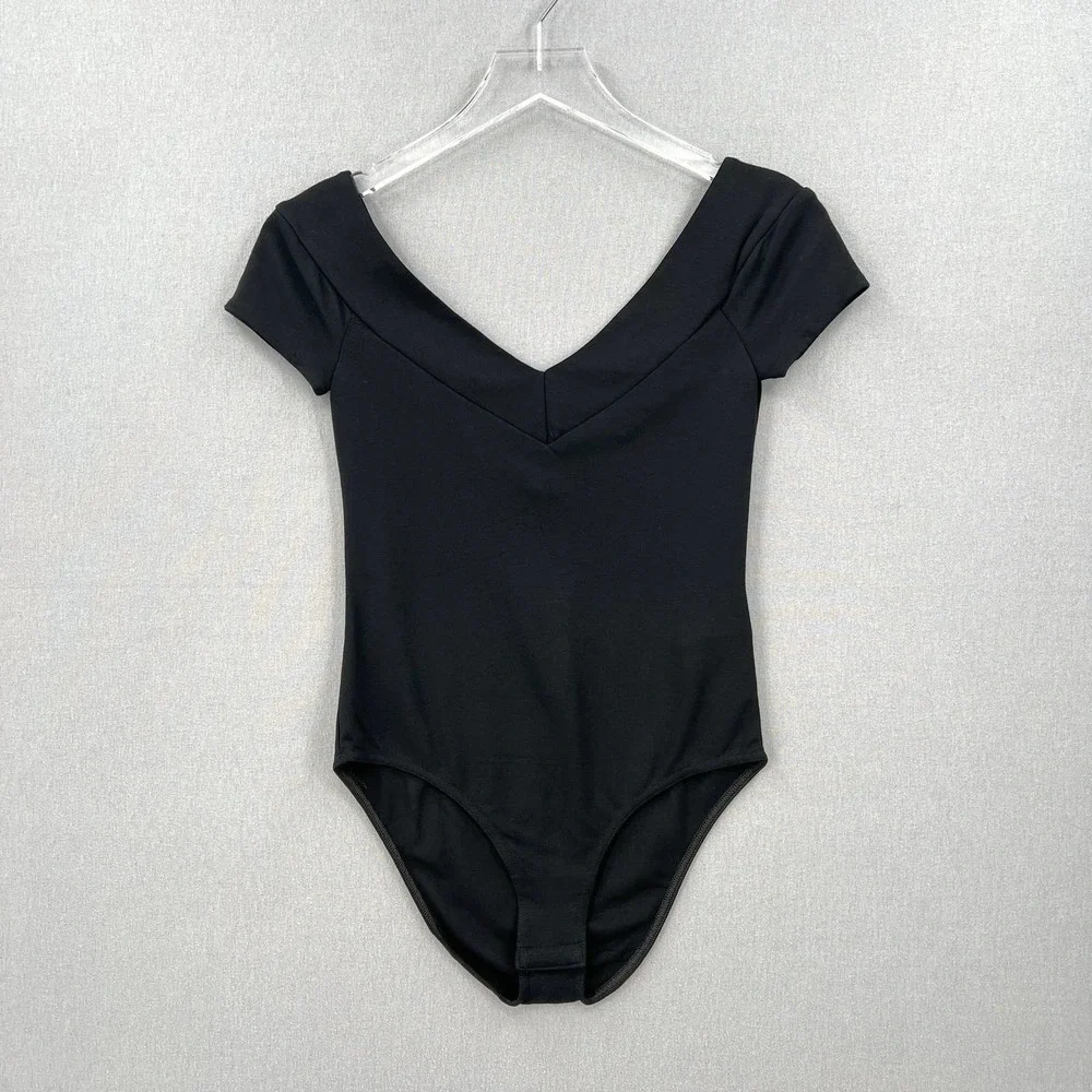 MAJE Off the Shoulder Bodysuit Womens 1 Small Black Double V-neck Short Sleeve - Picture 2 of 15
